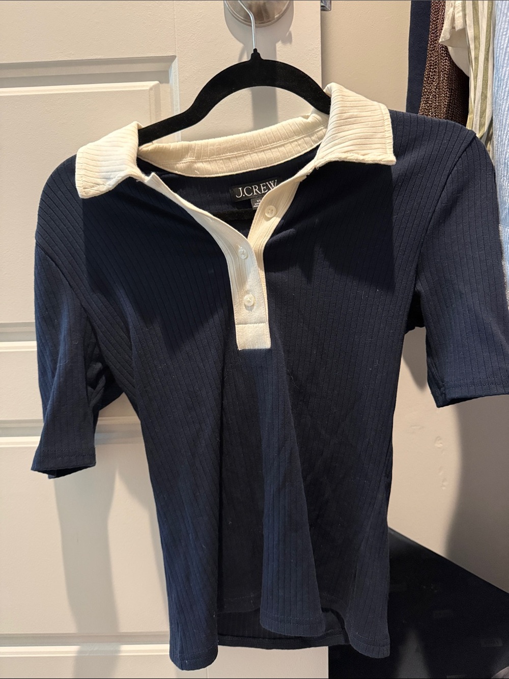 J. Crew Navy Ribbed Polo with Cream Contrast Collar